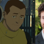 Jack Quaid como Gravitator em Invincible Temporada 5 — personagem animado com armadura tecnológica ao lado do ator